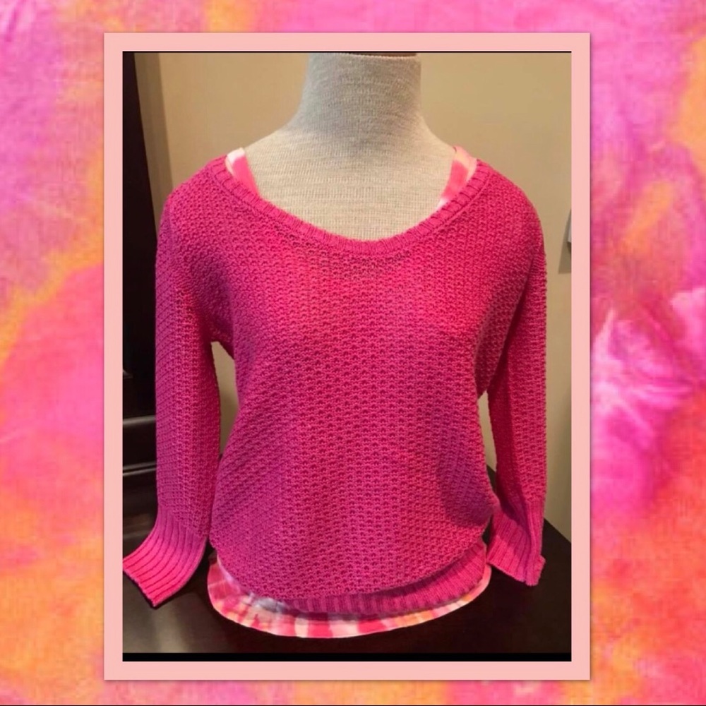 Textured Lightweight Hot Pink Scoop Neck Sweater